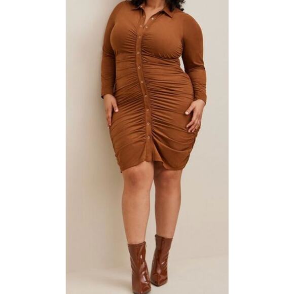TORRID DRESS 5X BROWN FAUX SUEDE SHIRTDRESS MINI SHORT LONG SLEEVE BUTTON DOWN - Picture 1 of 8